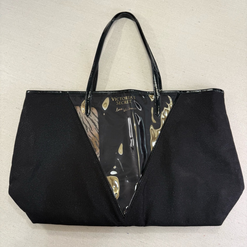 Victoria's Secret Black Tote Bag With Attached Animal Print Makeup Bag